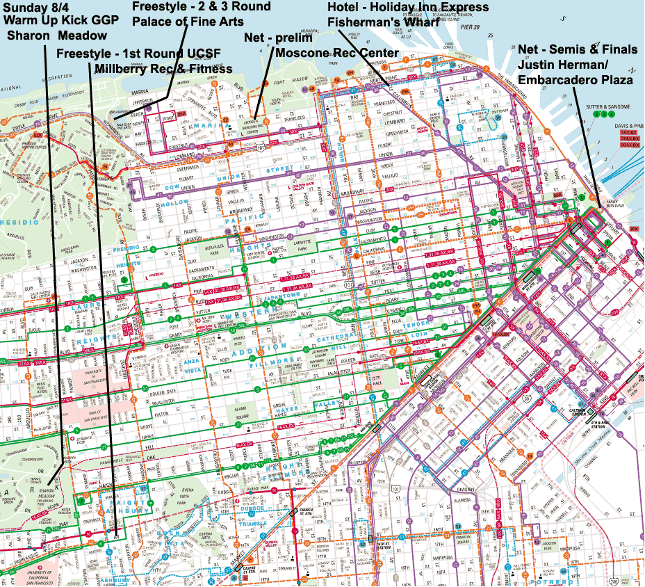 Map of San Francisco / Municipal Transportation routes (Muni) / Event Sites Noted